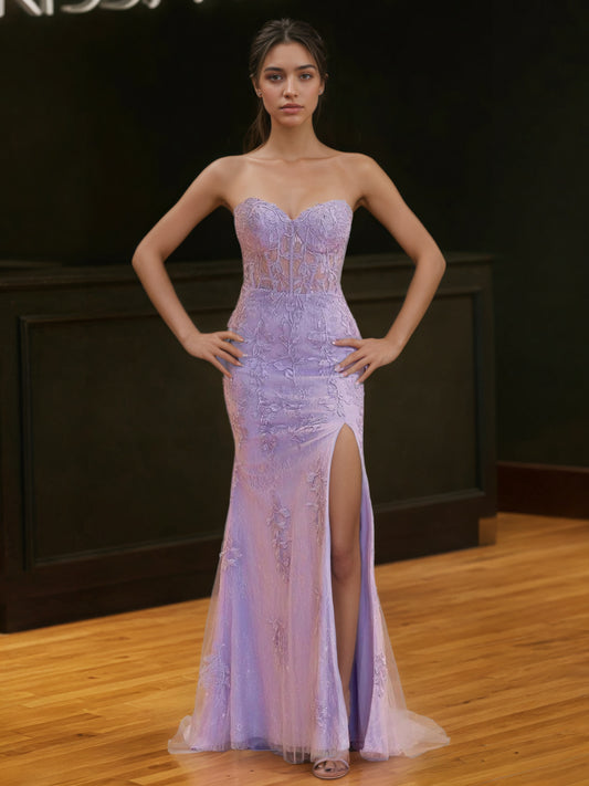 Sevoba | Mermaid Strapless Corset Lace Prom Dress with Slit