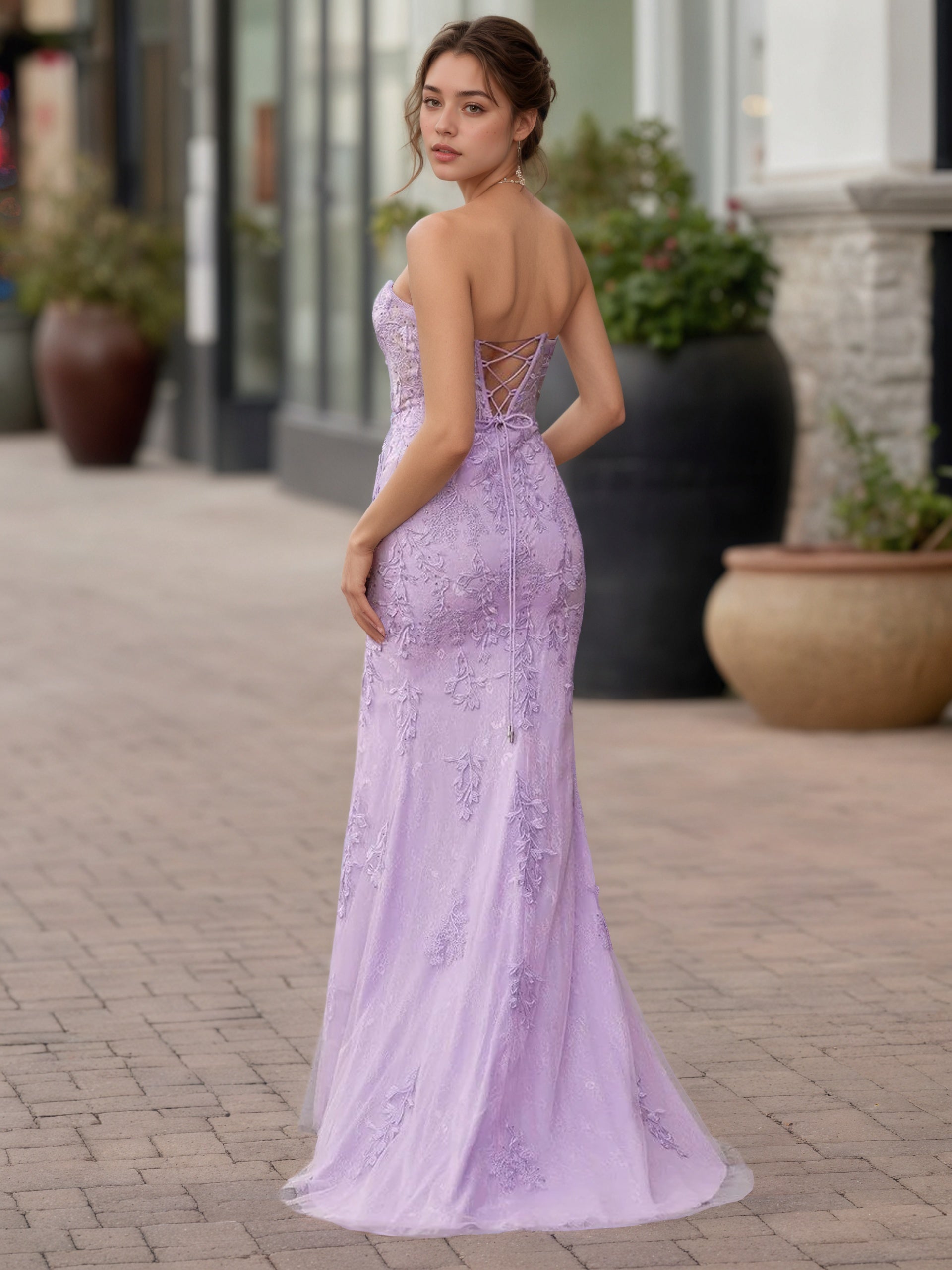 Sevoba | Mermaid Strapless Corset Lace Prom Dress with Slit