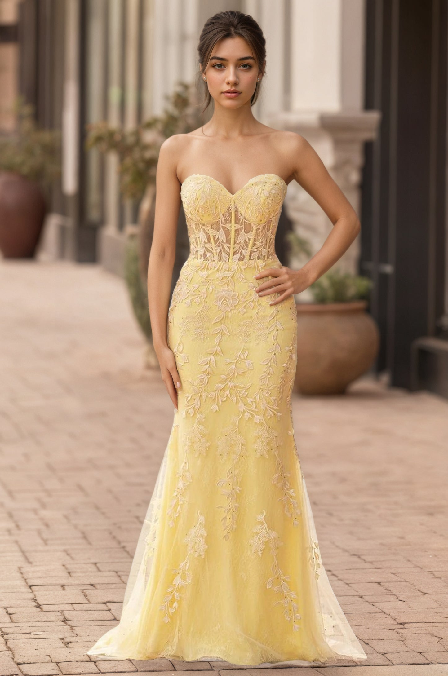 Sevoba | Mermaid Strapless Corset Lace Prom Dress with Slit