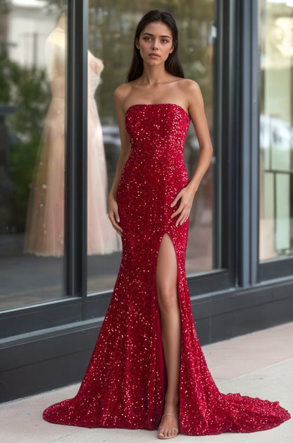 Sevoba | Mermaid Strapless Sequins Long Prom Dress with Slit