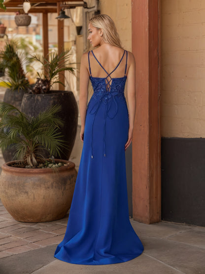 Sevoba|Mermaid V Neck Royal Blue Satin Long Prom Dresses with Beading