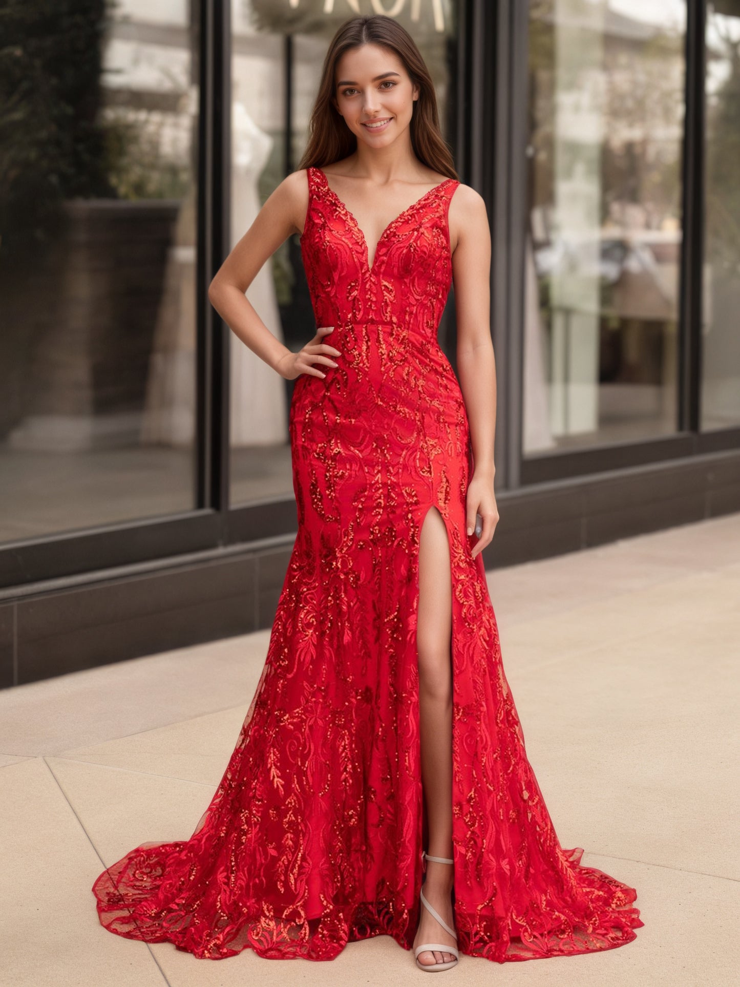 Sevoba|Mermaid V Neck Sequined Lace Prom Dress with Slit