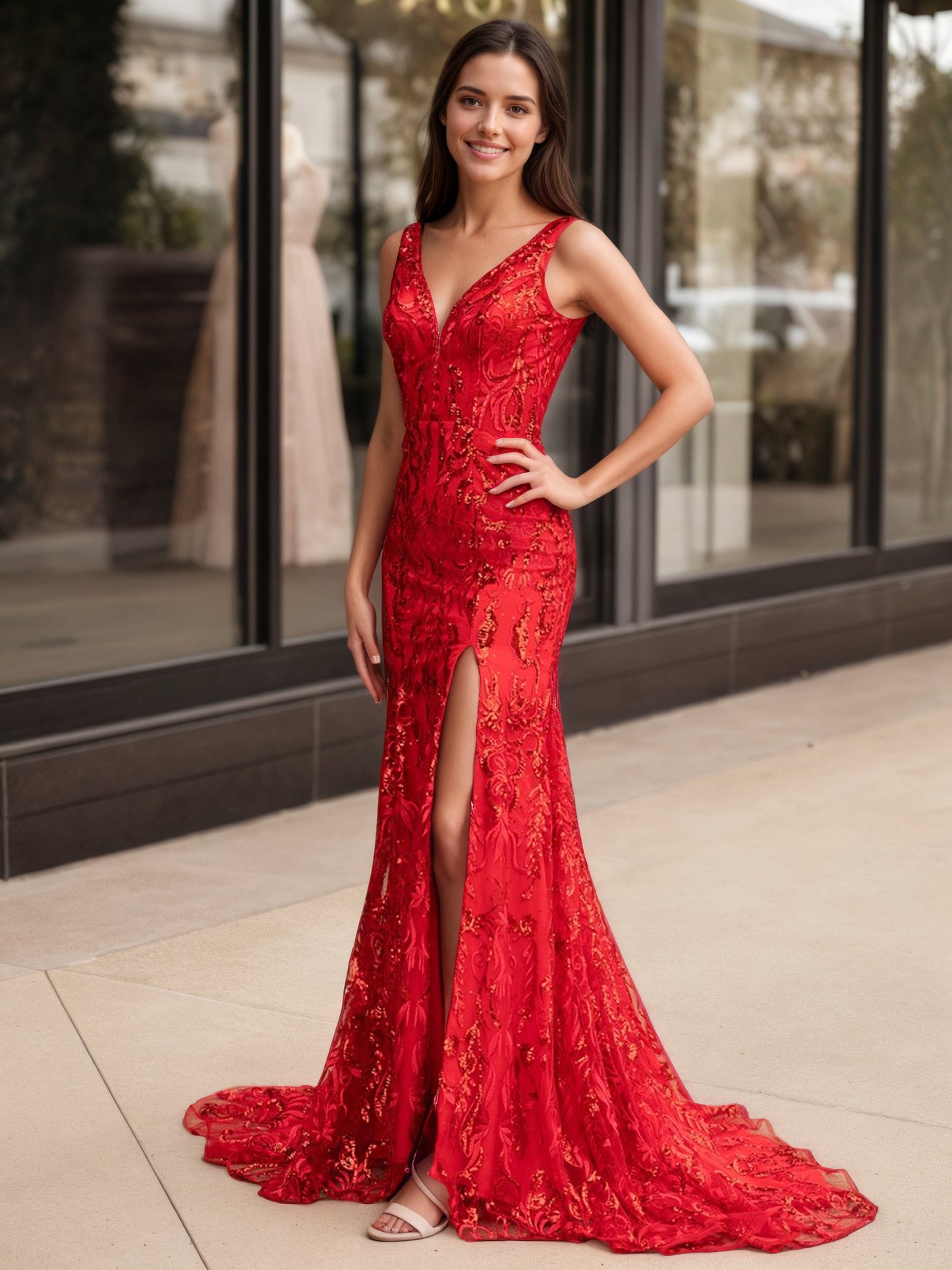 Sevoba|Mermaid V Neck Sequined Lace Prom Dress with Slit