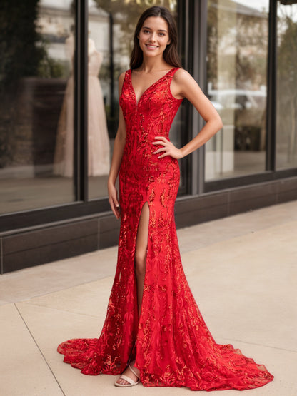 Sevoba|Mermaid V Neck Sequined Lace Prom Dress with Slit