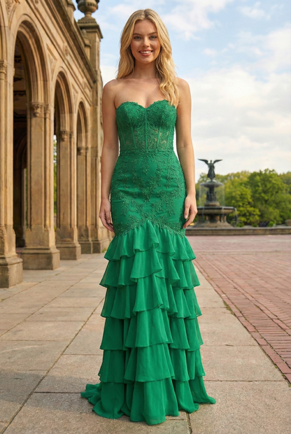 Sevoba|Modern Mermaid Sweetheart Coeset Ruffled Long Prom Dress With Appliques