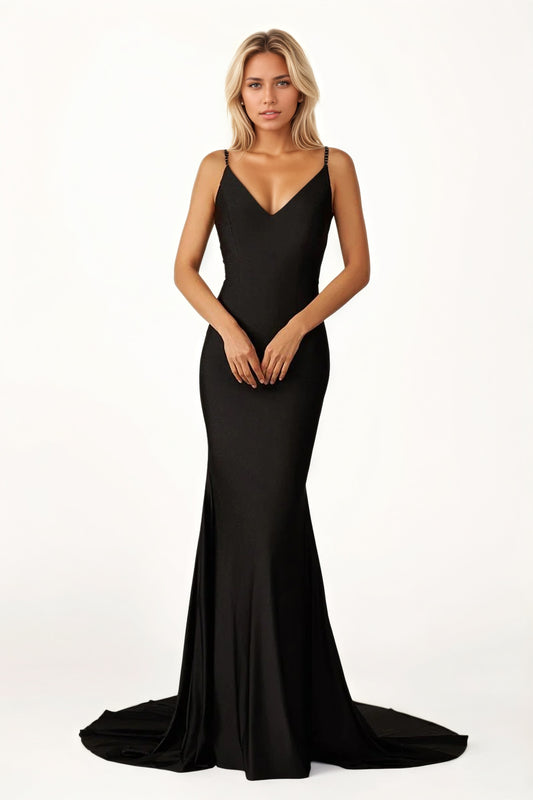 Sevoba|Navy Blue Beaded V-Neck Backless Mermaid Long Prom Dress