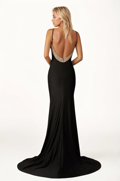Sevoba|Navy Blue Beaded V-Neck Backless Mermaid Long Prom Dress