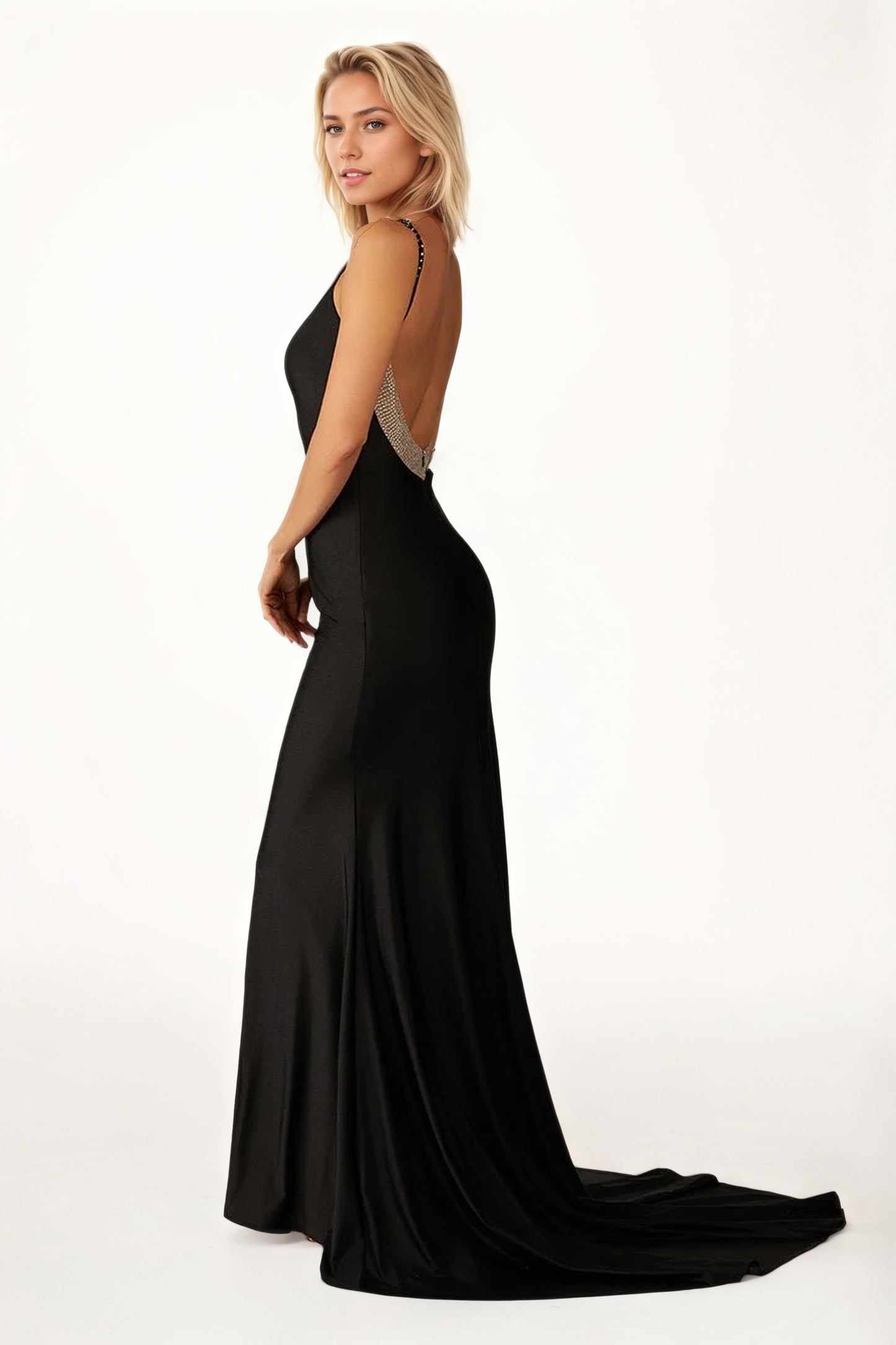 Sevoba|Navy Blue Beaded V-Neck Backless Mermaid Long Prom Dress