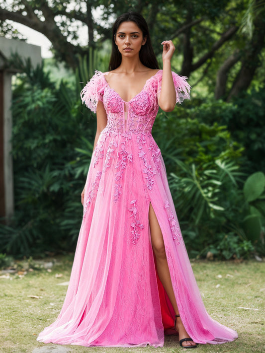 Sevoba | Off-the-Shoulder Lace Applique Side Slit A-Line Long Dress with Feathers Azalea