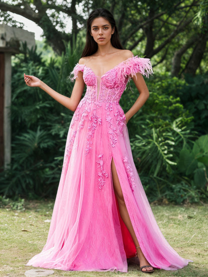 Sevoba | Off-the-Shoulder Lace Applique Side Slit A-Line Long Dress with Feathers Azalea