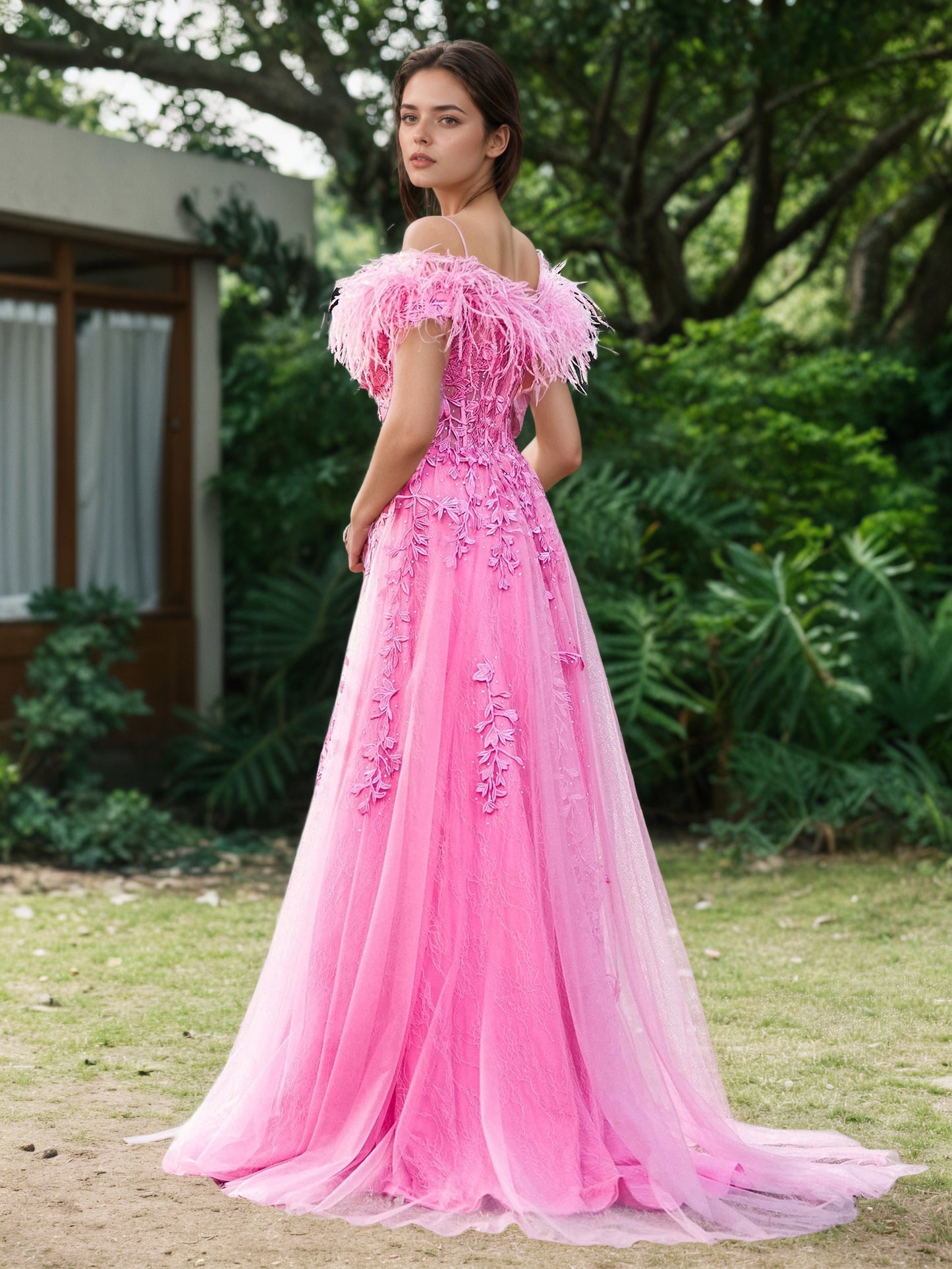 Sevoba | Off-the-Shoulder Lace Applique Side Slit A-Line Long Dress with Feathers Azalea