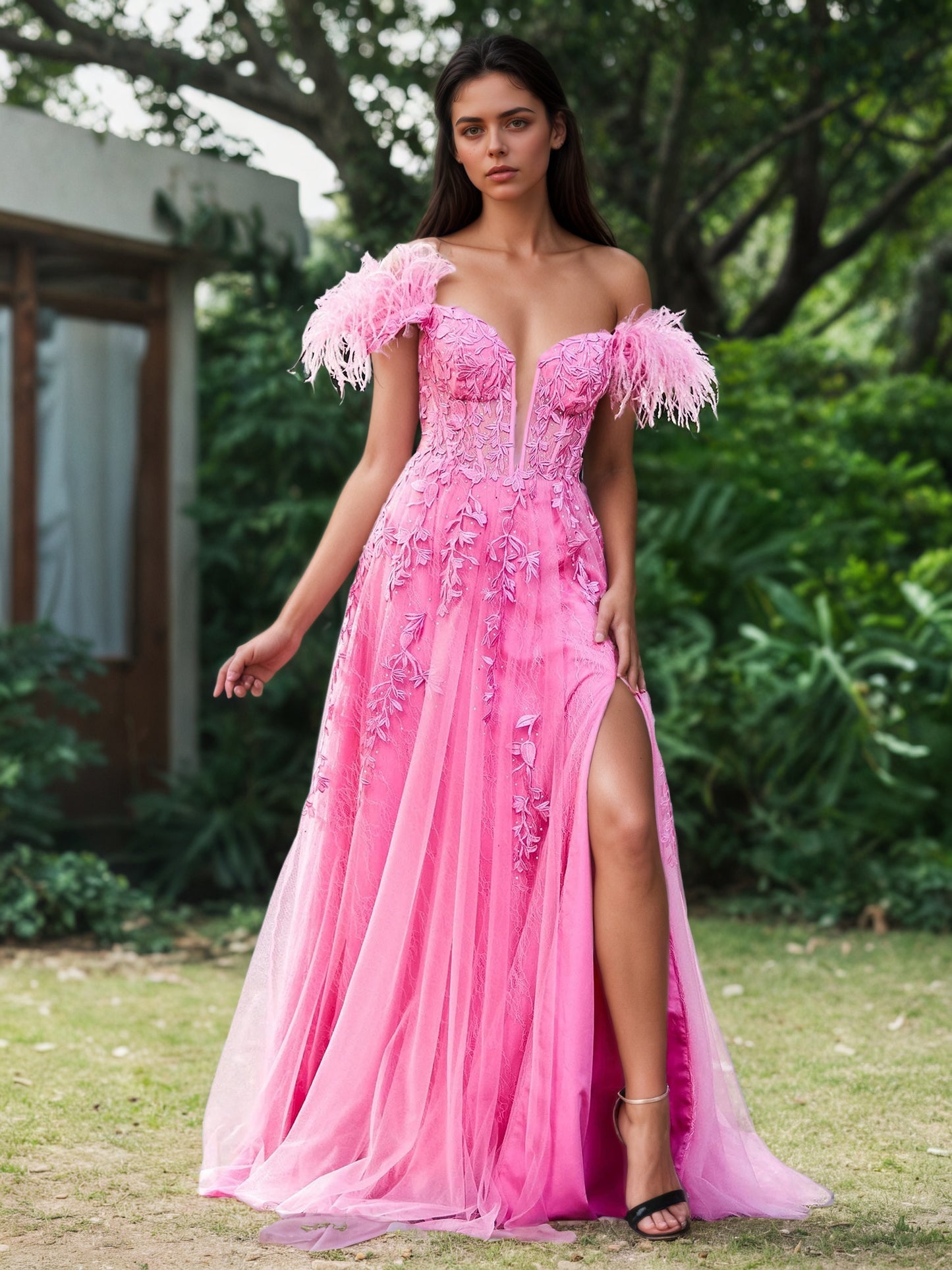 Sevoba | Off-the-Shoulder Lace Applique Side Slit A-Line Long Dress with Feathers Azalea