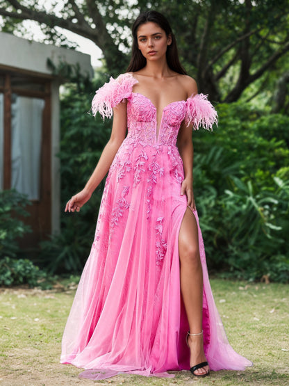 Sevoba | Off-the-Shoulder Lace Applique Side Slit A-Line Long Dress with Feathers Azalea