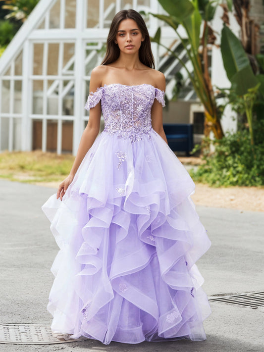 Sevoba | Off-the-shoulder Tulle Prom Dress with Floral Appliqued Lace Lilac