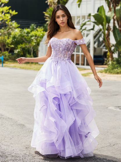 Sevoba | Off-the-shoulder Tulle Prom Dress with Floral Appliqued Lace Lilac