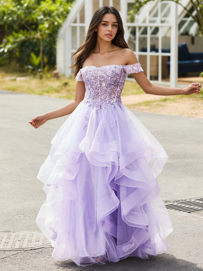 Sevoba | Off-the-shoulder Tulle Prom Dress with Floral Appliqued Lace Lilac