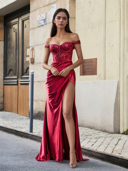 Sevoba | Off Shoulder Corset Bodice Satin Gown Burgundy