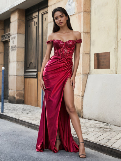 Sevoba | Off Shoulder Corset Bodice Satin Gown Burgundy