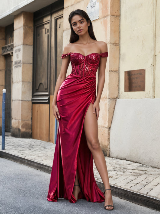 Sevoba | Off Shoulder Corset Bodice Satin Gown Burgundy