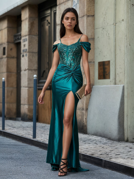 Sevoba | Off the Shoulder Corset Bodice Satin Gown Dark Green