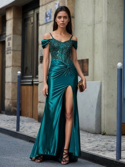 Sevoba | Off the Shoulder Corset Bodice Satin Gown Dark Green
