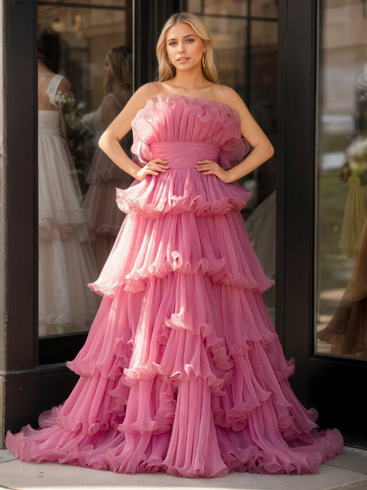 Sevoba|Pink Strapless A-Line Tiered Crinkled Tulle Prom Dress