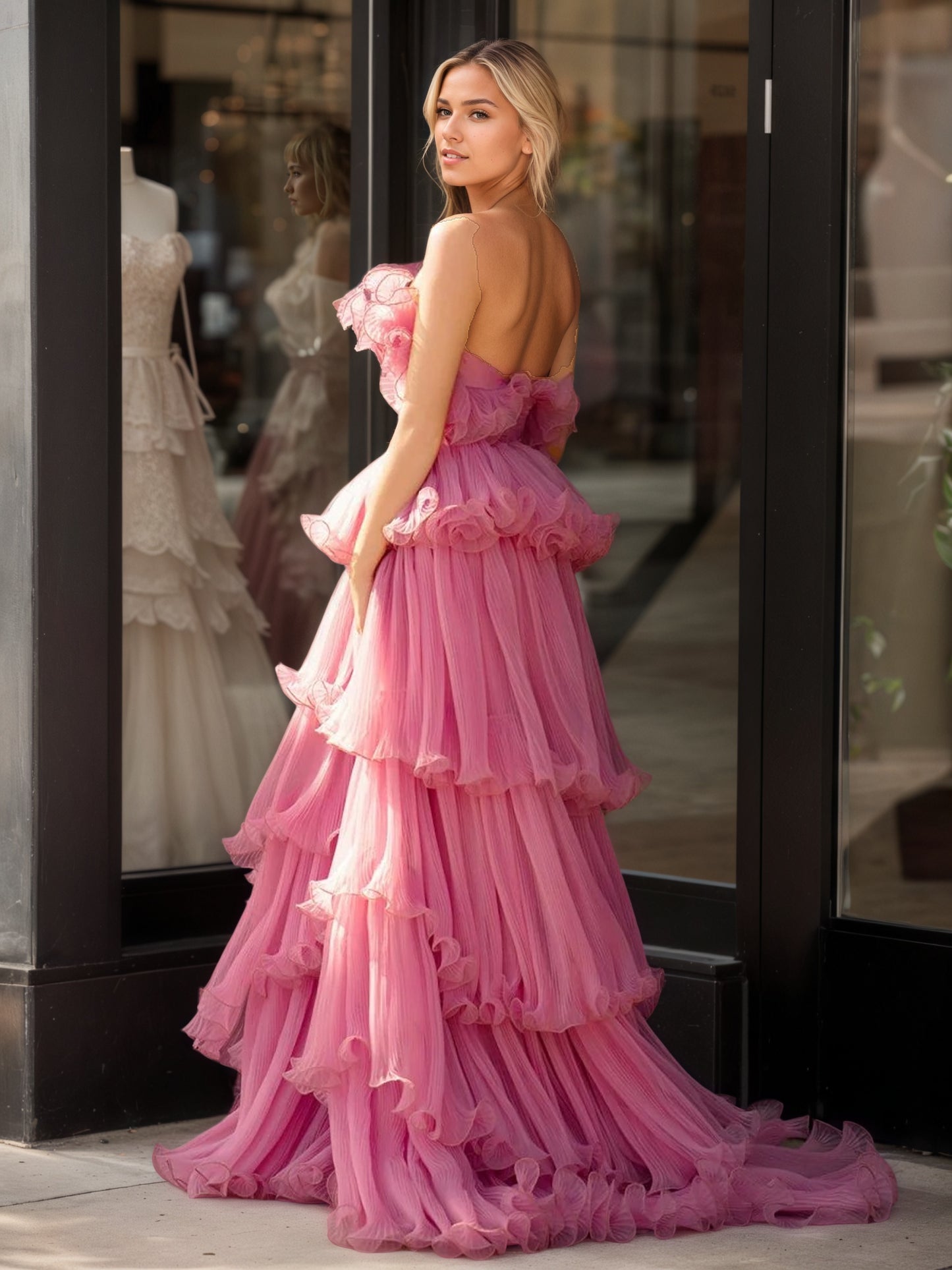 Sevoba|Pink Strapless A-Line Tiered Crinkled Tulle Prom Dress