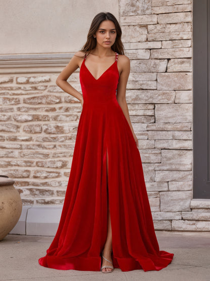 Sevoba | Red Velvet Plunge V Cross Back A-Line Long Formal Dress