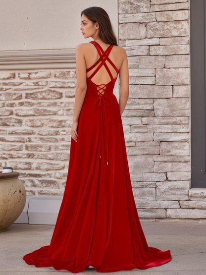 Sevoba | Red Velvet Plunge V Cross Back A-Line Long Formal Dress