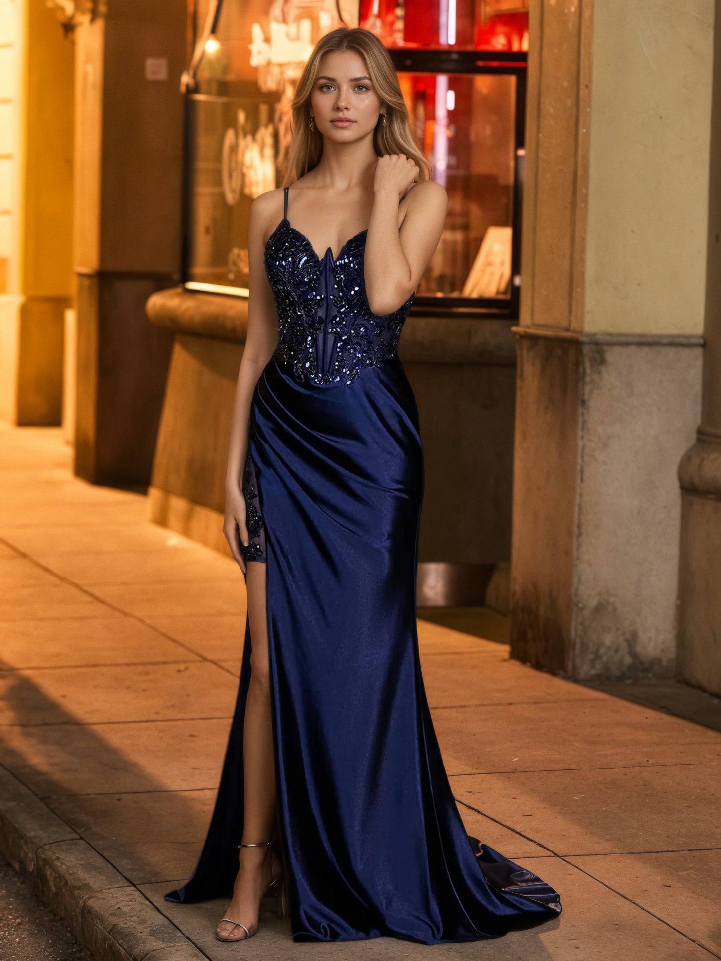 Sevoba | Sequin Appliqued Corset Maxi Dress Dark Navy