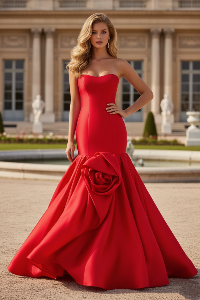 Sevoba|Sexy Mermaid Strapless Taffeta Prom Dress With Flower