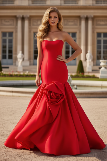 Sevoba|Sexy Mermaid Strapless Taffeta Prom Dress With Flower
