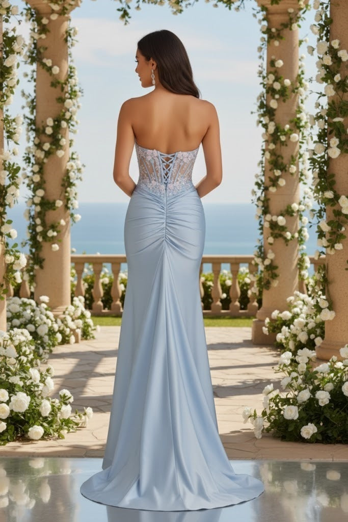 Sevoba|Sexy Mermaid Sweetheart Corset Satin Slit Long Prom Dress With Appliques
