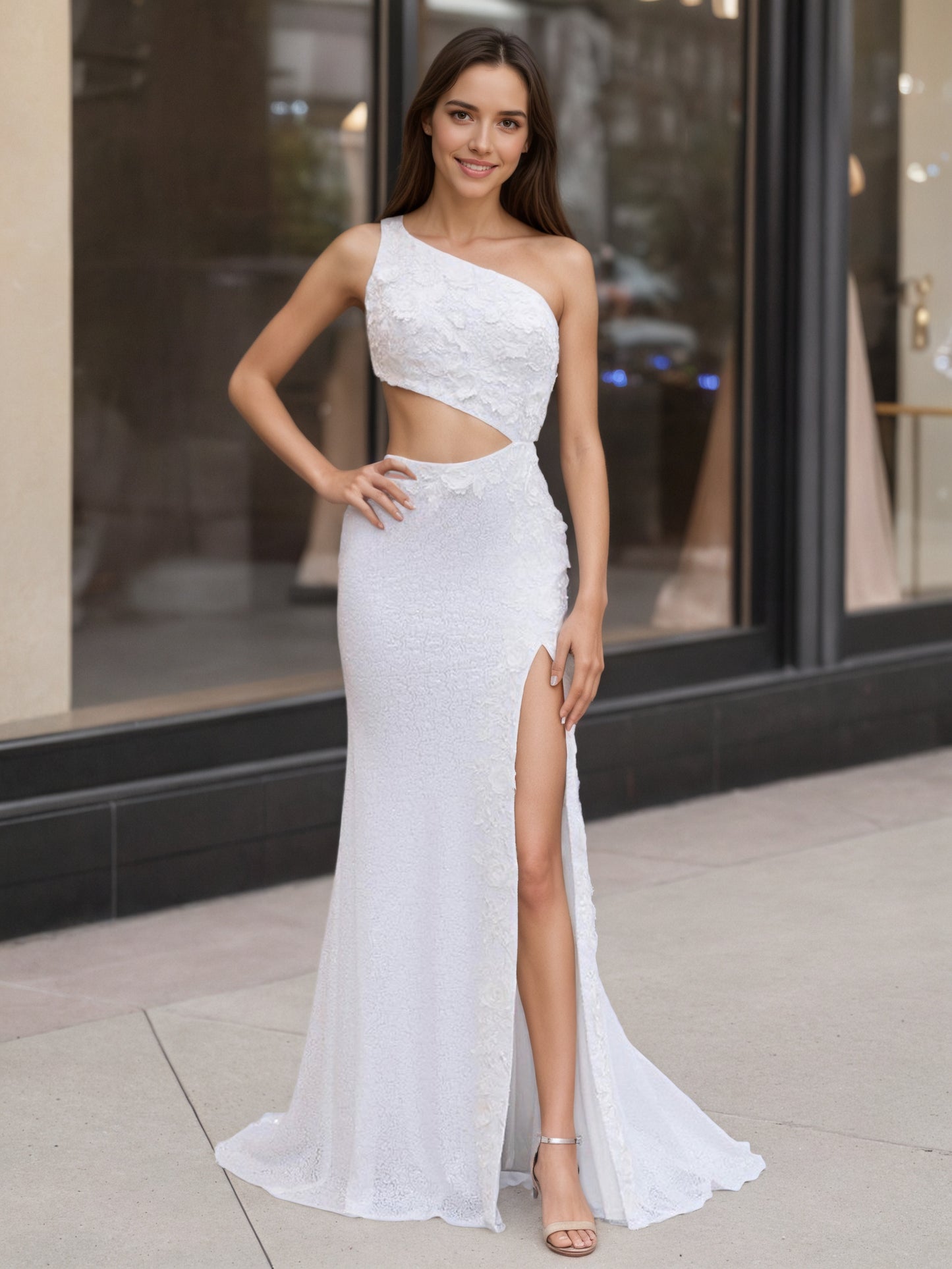 Sevoba|Sheath One Shoulder Sequins Prom Dress with 3D Appliques