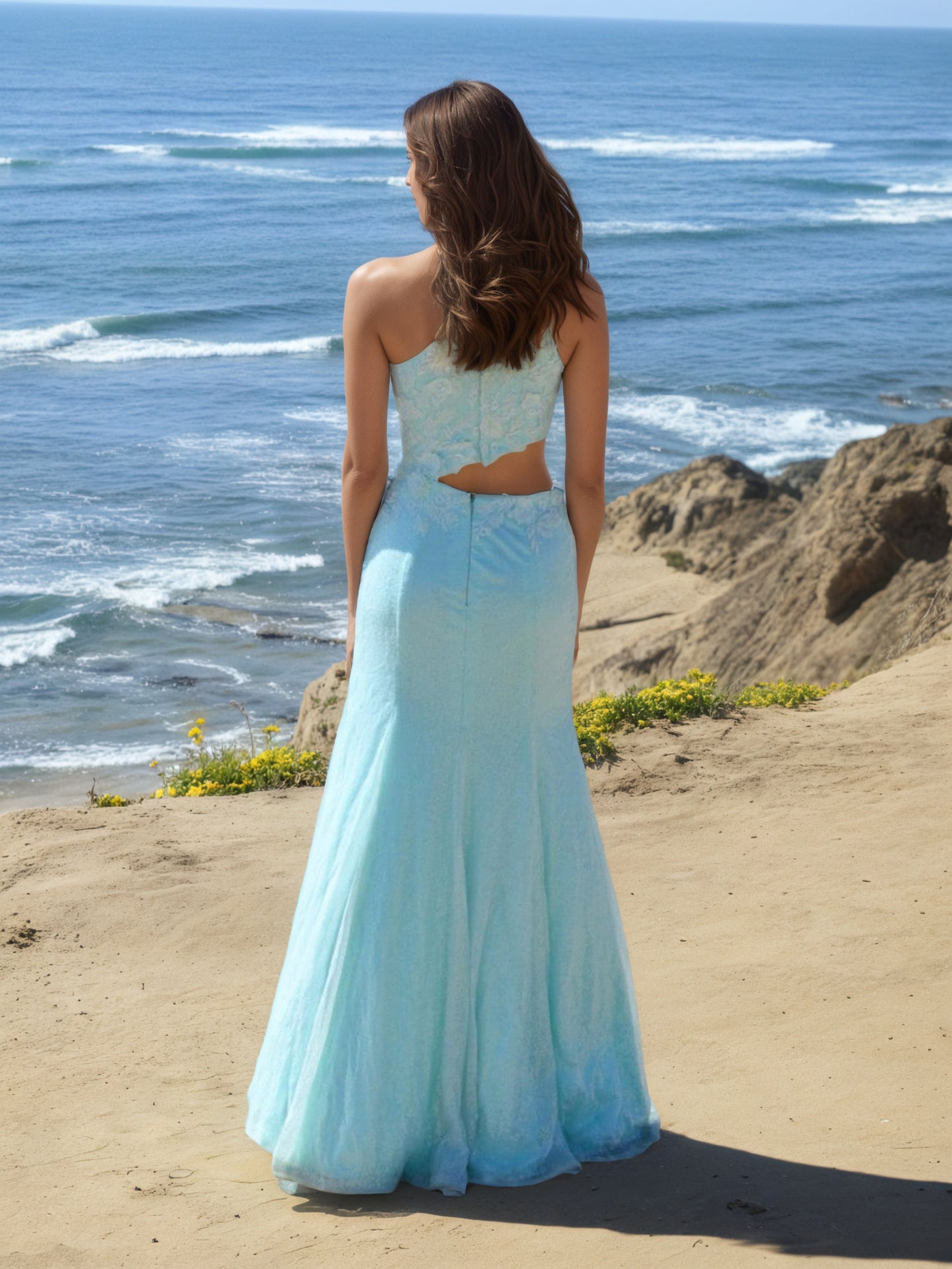 Sevoba|Sheath One Shoulder Sequins Prom Dress with 3D Appliques