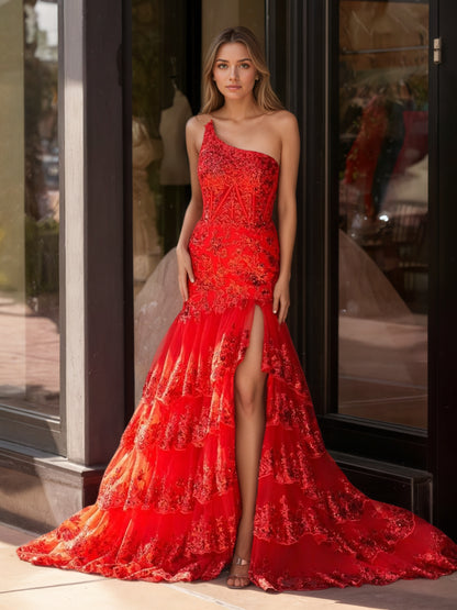 Sevoba | Sheath One Shoulder Tiered Lace Long Prom Dress