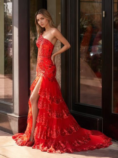 Sevoba | Sheath One Shoulder Tiered Lace Long Prom Dress