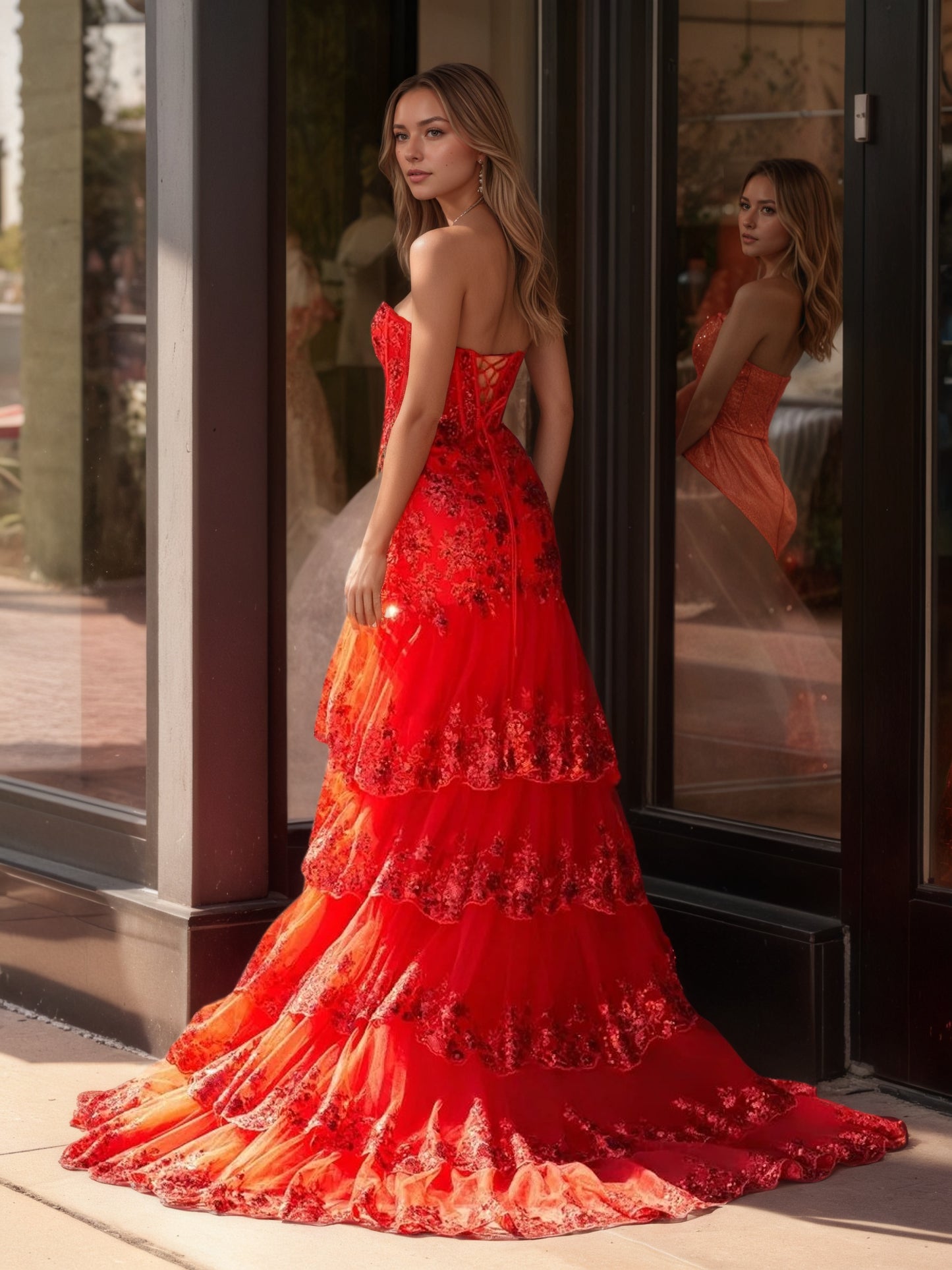 Sevoba | Sheath One Shoulder Tiered Lace Long Prom Dress