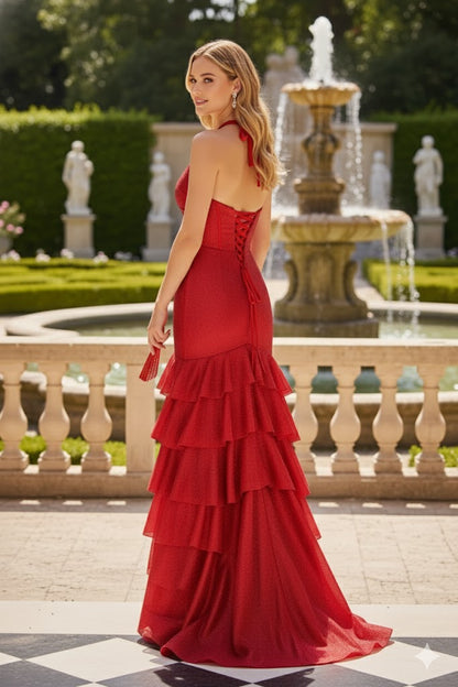 Sevoba|Shining Mermaid  Halter Neck Corset Beading Long Prom Dress with Slit