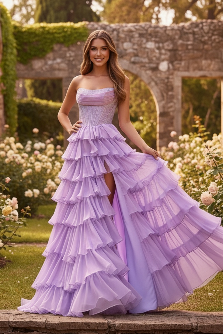Sevoba|Shiny A Line Strapless Chiffon Embellished Corset Ruffle Tiered Long Prom Dress