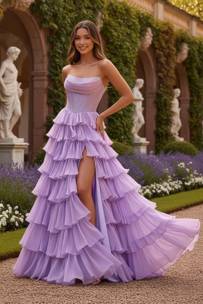 Sevoba|Shiny A Line Strapless Chiffon Embellished Corset Ruffle Tiered Long Prom Dress