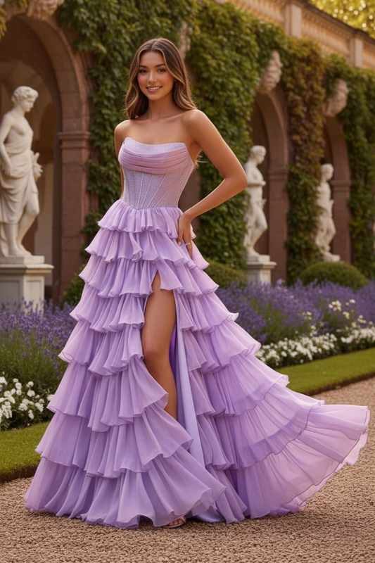 Sevoba|Shiny A Line Strapless Chiffon Embellished Corset Ruffle Tiered Long Prom Dress