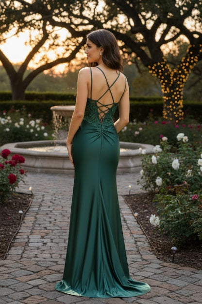 Sevoba|Shiny Mermaid Spaghetti Straps Corset Bodice Slit Long Prom Dress With Beading