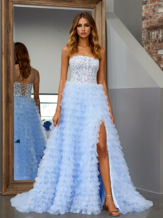 Sevoba | Sky Blue A-Line Tiered Sequins Tulle Long Prom Dress