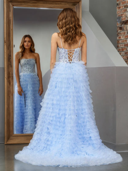 Sevoba | Sky Blue A-Line Tiered Sequins Tulle Long Prom Dress