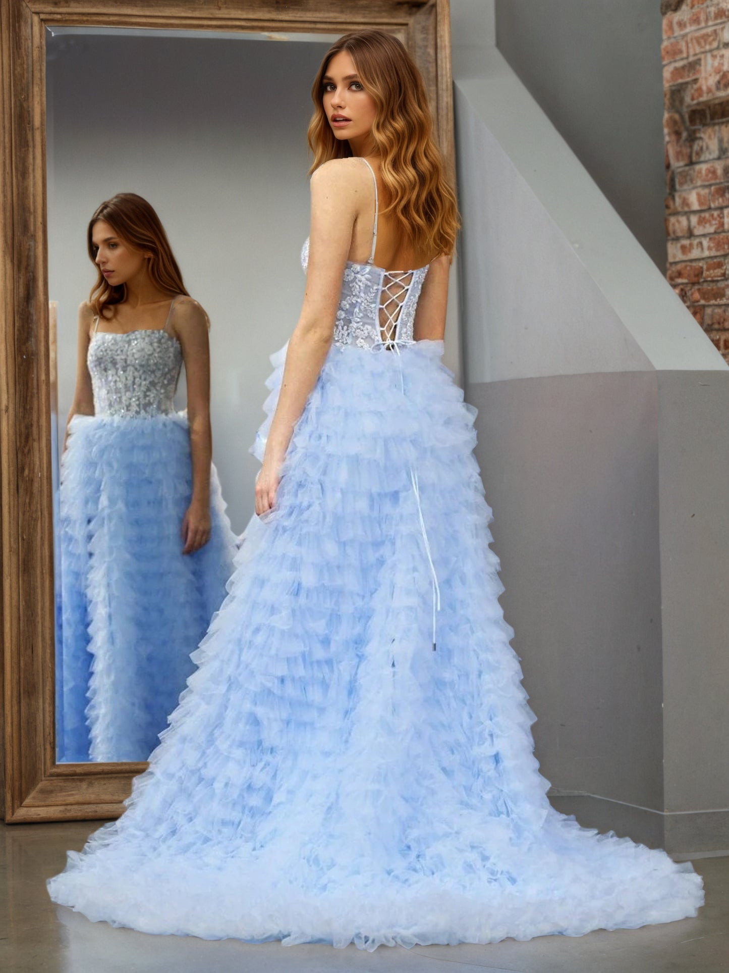 Sevoba | Sky Blue A-Line Tiered Sequins Tulle Long Prom Dress