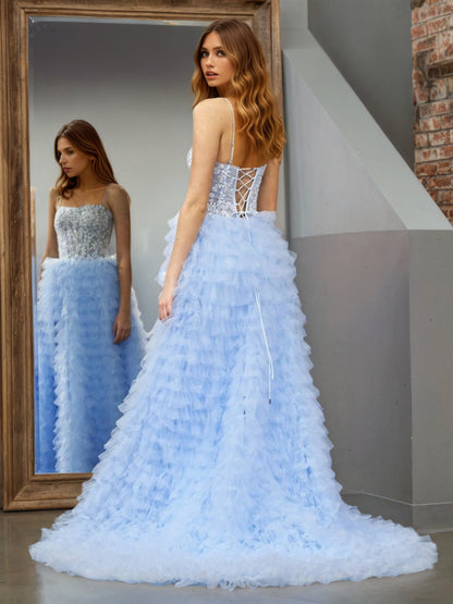 Sevoba | Sky Blue A-Line Tiered Sequins Tulle Long Prom Dress
