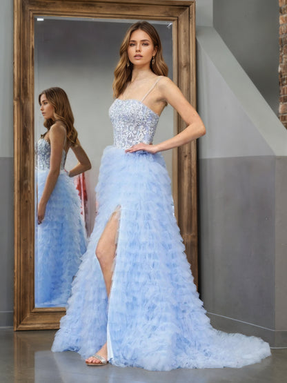 Sevoba | Sky Blue A-Line Tiered Sequins Tulle Long Prom Dress