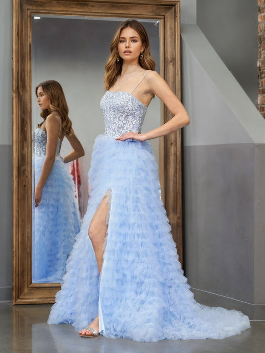 Sevoba | Sky Blue A-Line Tiered Sequins Tulle Long Prom Dress