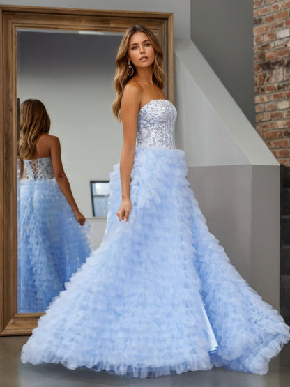 Sevoba | Sky Blue A-Line Tiered Sequins Tulle Long Prom Dress